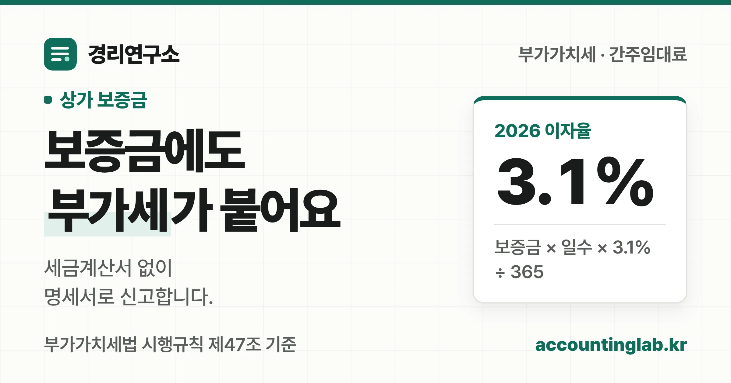 상가 보증금에 붙는 간주임대료를 보증금 × 일수 × 3.1% ÷ 365로 계산하고 세금계산서는 발급하지 않는다는 점을 보여주는 표지