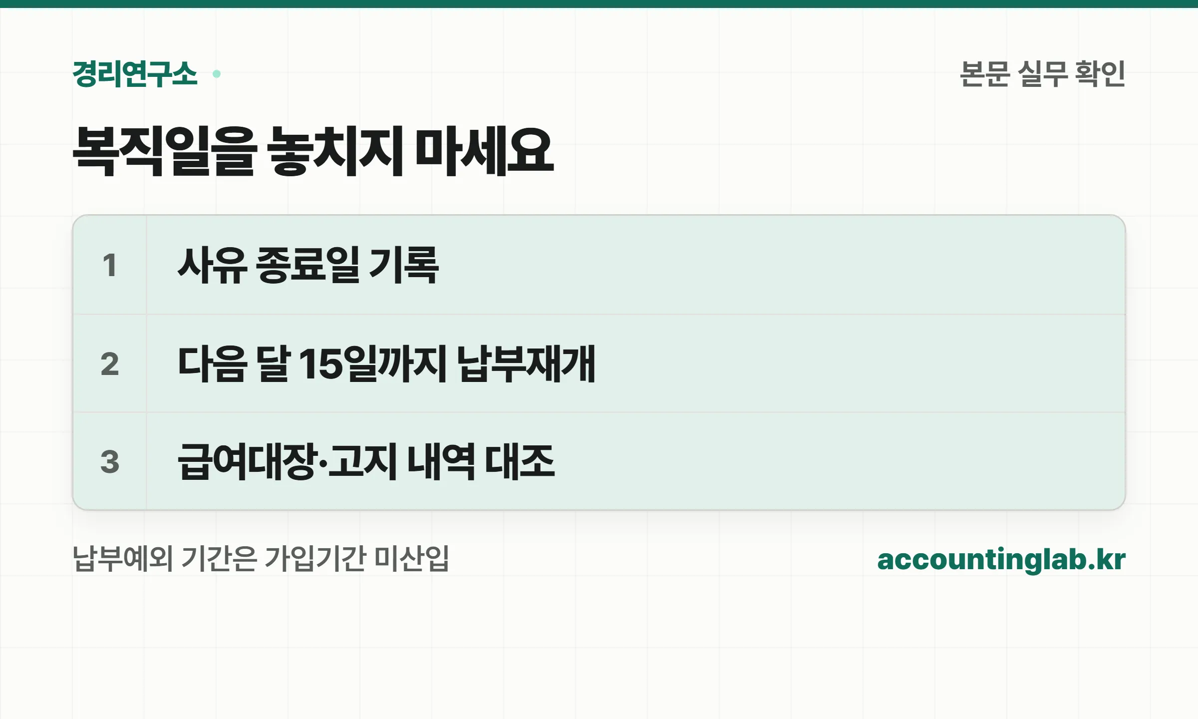 국민연금 납부재개 체크: 복직일, 다음 달 15일 신고 기준, 급여대장과 고지 내역 확인