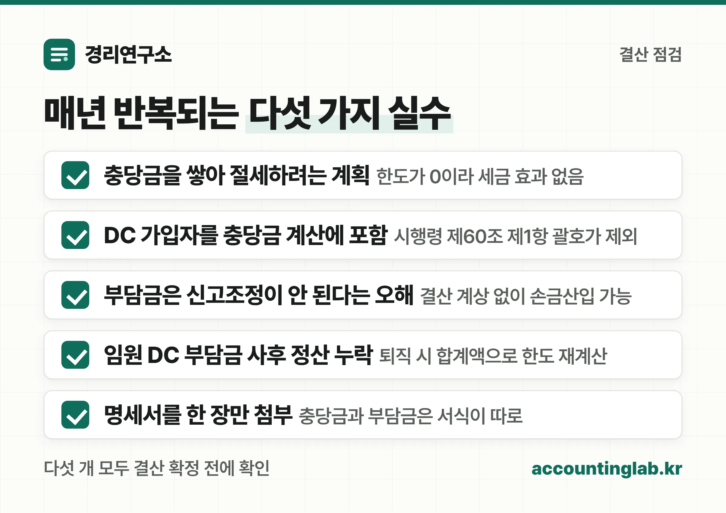 충당금 절세 오해, DC 가입자 포함, 신고조정 누락, 임원 부담금 사후정산, 명세서 누락 다섯 가지를 점검하는 체크리스트