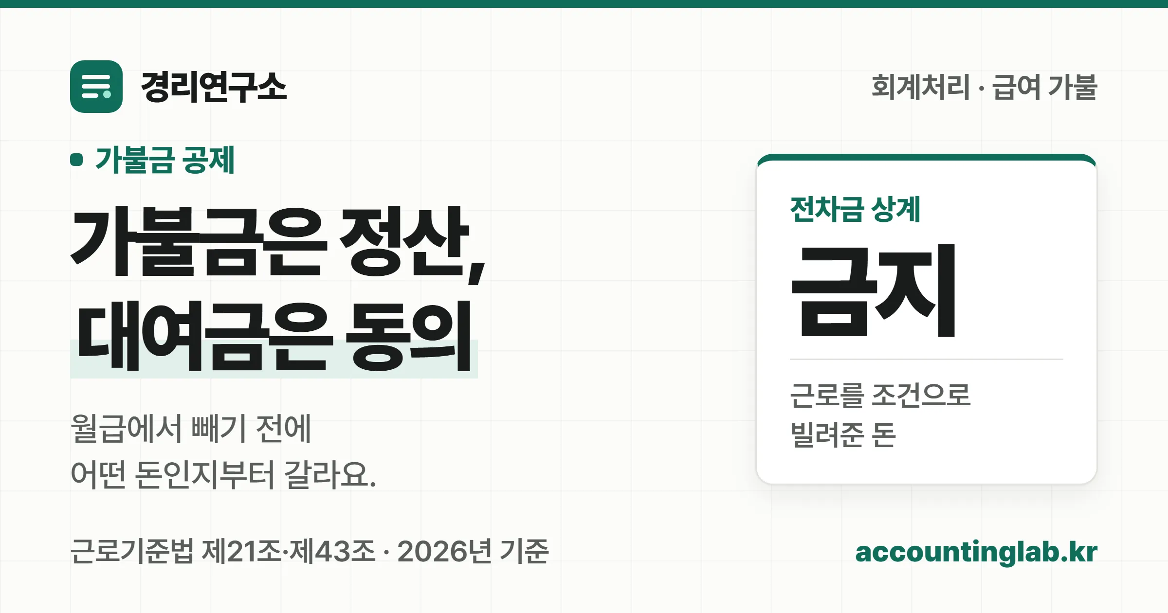 가불금은 임금을 먼저 준 것이라 급여일에 정산하고 직원 대여금은 동의가 있어야 월급에서 뺄 수 있다는 경리연구소 표지