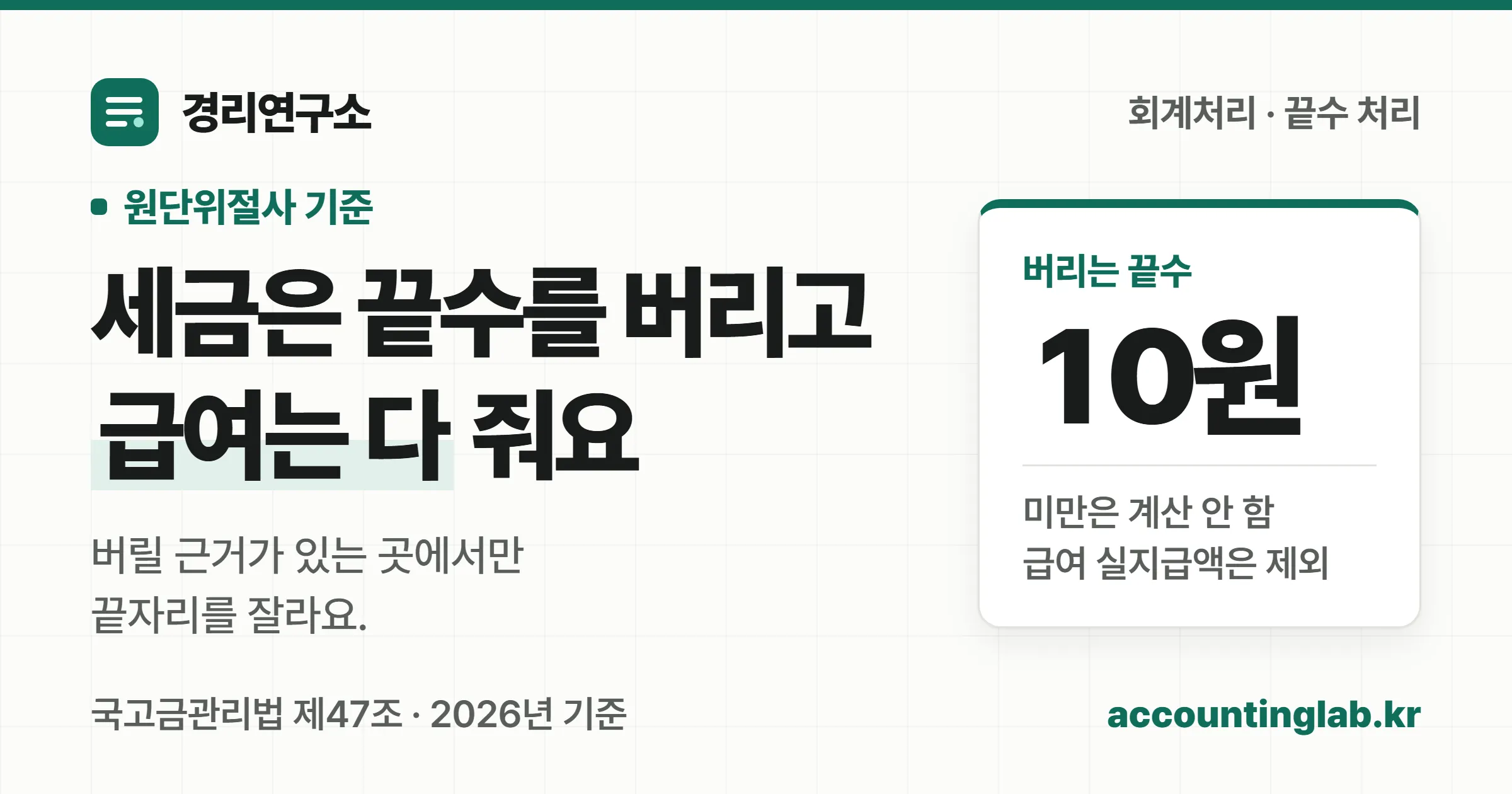 원단위절사는 10원 미만 끝수를 버리는 일이며 세금과 보험료는 버릴 근거가 있지만 급여 실지급액은 다 줘야 한다는 경리연구소 표지
